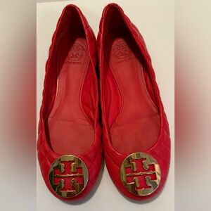 Tory Burch Quinn Quilted Leather Carnival Red Ballet Flats w/Gold Emblem size 8